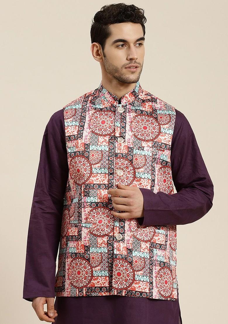 Rust Orange Printed Poly Blend Nehru Jackets For Men