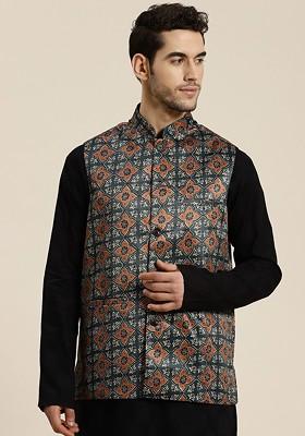 Charcoal Grey Printed Poly Blend Nehru Jackets For Men
