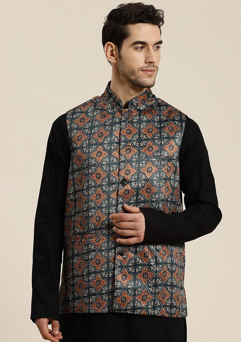 Charcoal Grey Printed Poly Blend Nehru Jackets For Men