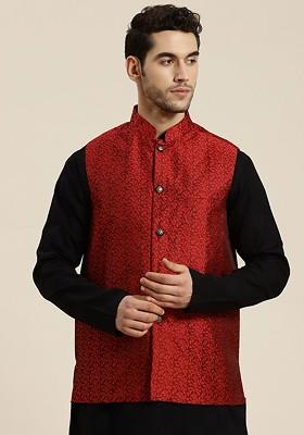 Maroon Solid Jacquard Nehru Jackets For Men