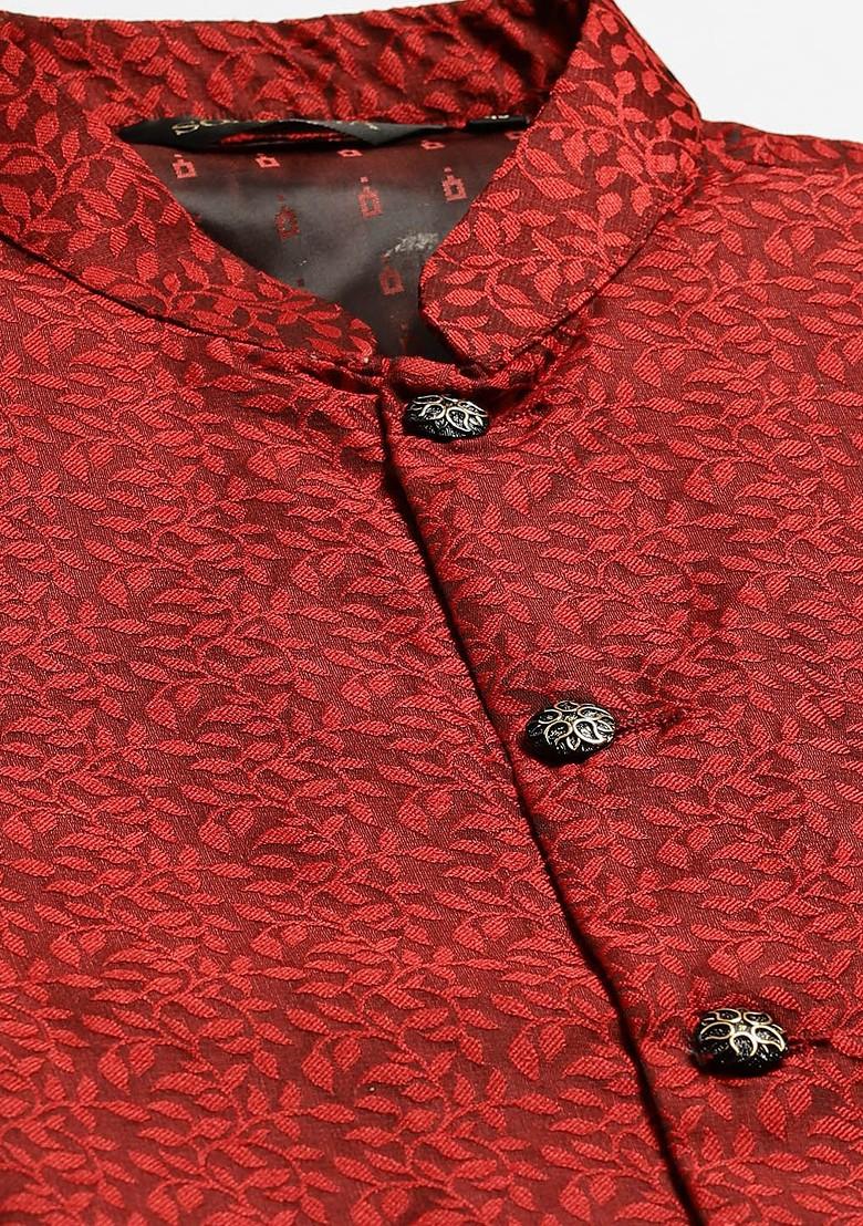 Maroon Solid Jacquard Nehru Jackets For Men