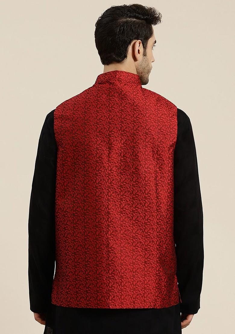 Maroon Solid Jacquard Nehru Jackets For Men
