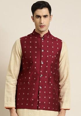 Maroon Solid Poly Blend Nehru Jackets For Men