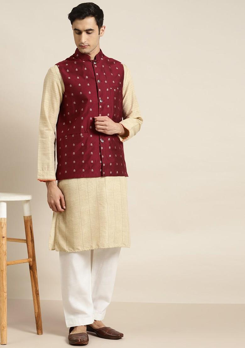 Maroon Solid Poly Blend Nehru Jackets For Men