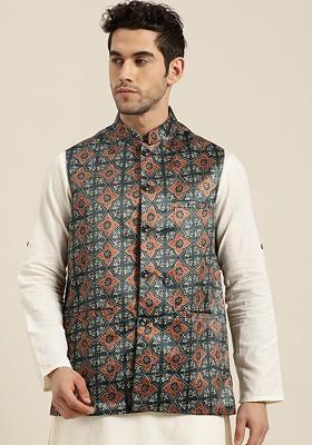 Teal Blue Printed Poly Blend Nehru Jackets For Men