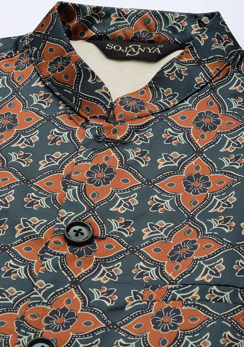 Teal Blue Printed Poly Blend Nehru Jackets For Men