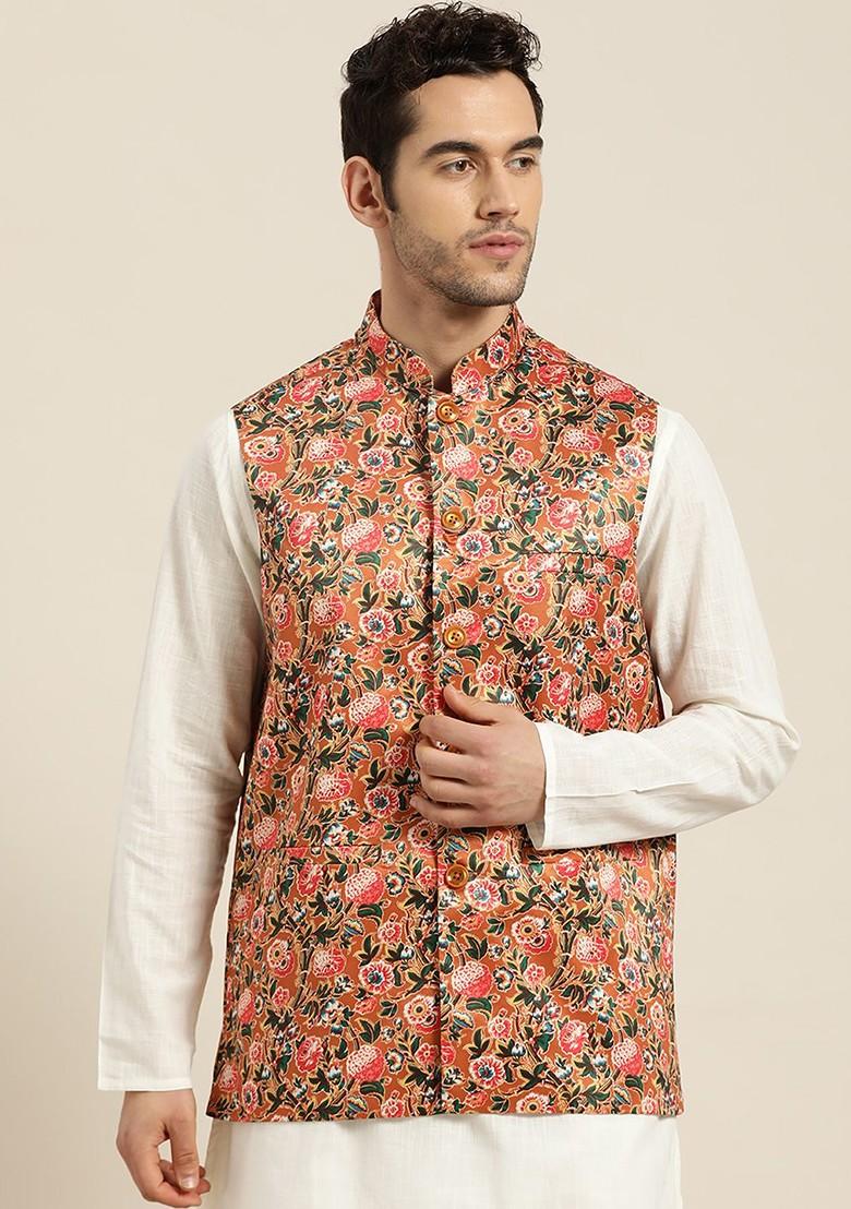 Orange Floral Print Poly Blend Nehru Jackets For Men