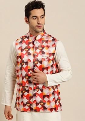 Off White Printed Poly Blend Nehru Jackets For Men