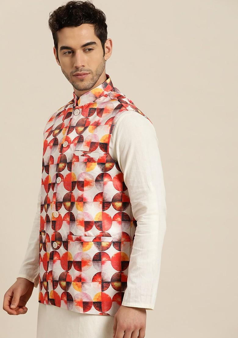 Off White Printed Poly Blend Nehru Jackets For Men