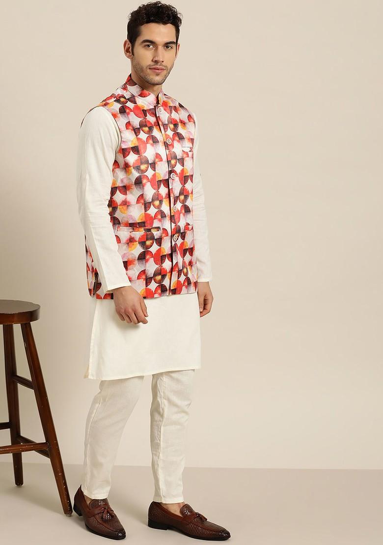 Off White Printed Poly Blend Nehru Jackets For Men