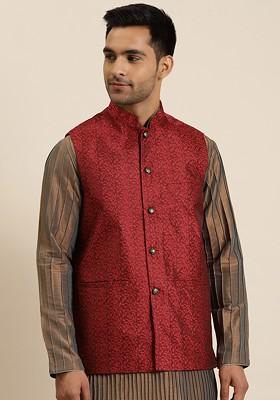 Red Woven Jacquard Nehru Jackets For Men