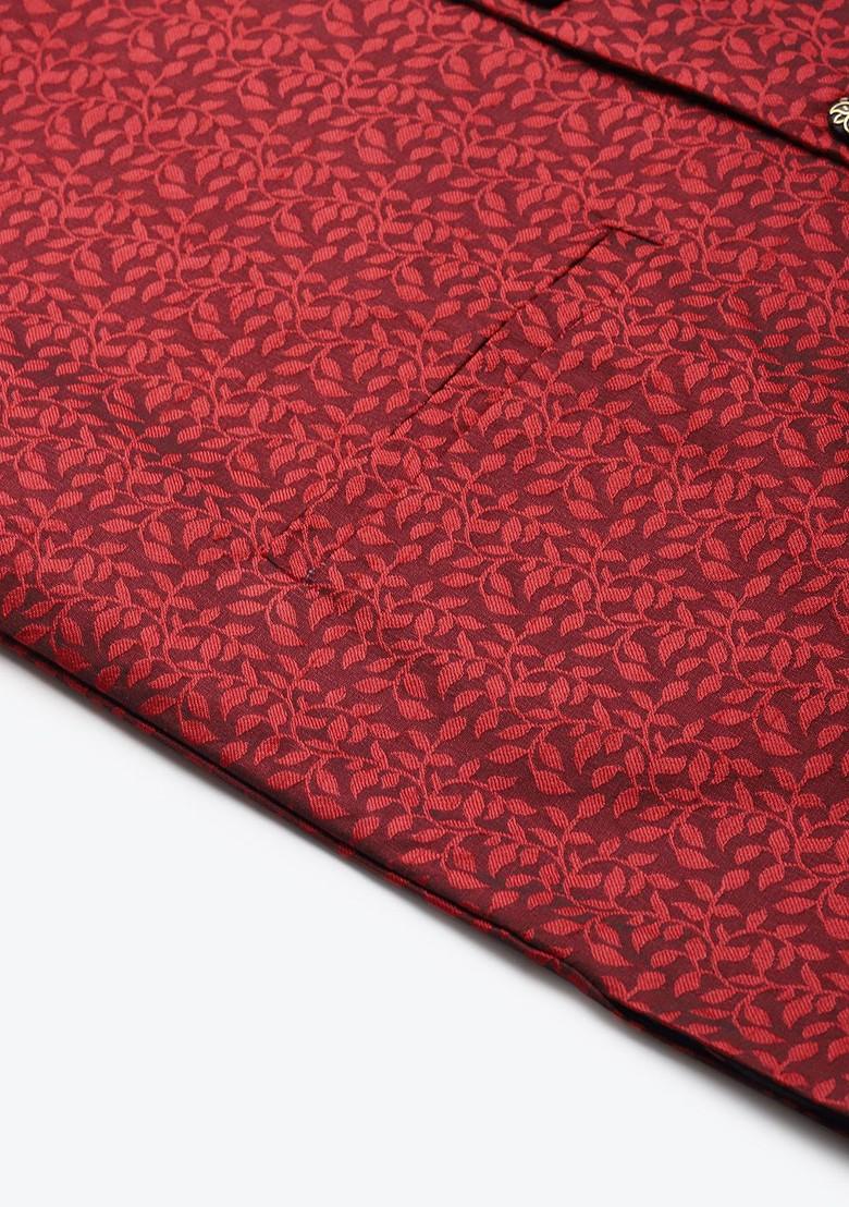 Red Woven Jacquard Nehru Jackets For Men