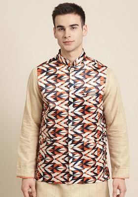 Cream Printed Silk Nehru Jackets For Men