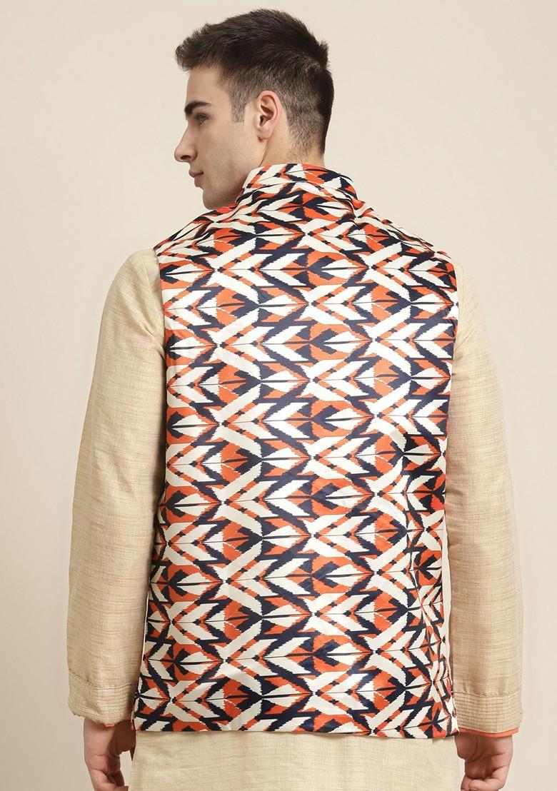 Cream Printed Silk Nehru Jackets For Men