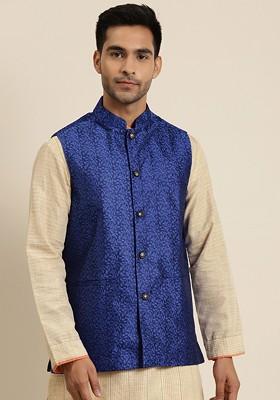 Navy Blue Embroidered Silk Nehru Jackets For Men