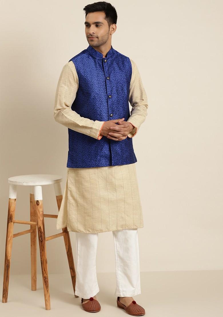 Navy Blue Embroidered Silk Nehru Jackets For Men