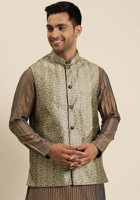 Charcoal Grey Woven Jacquard Nehru Jackets For Men