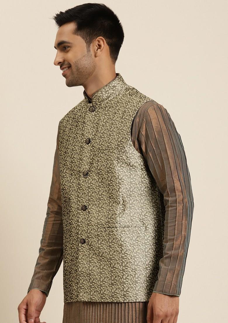 Charcoal Grey Woven Jacquard Nehru Jackets For Men