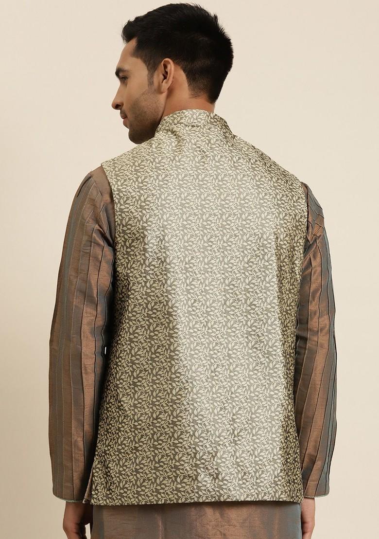 Charcoal Grey Woven Jacquard Nehru Jackets For Men