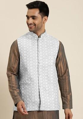Grey Embroidered Poly Blend Nehru Jackets For Men