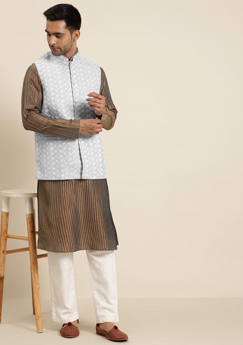Grey Embroidered Poly Blend Nehru Jackets For Men