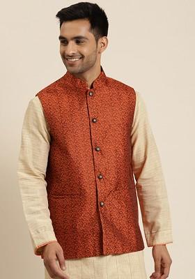 Rust Orange Embroidered Silk Nehru Jackets For Men