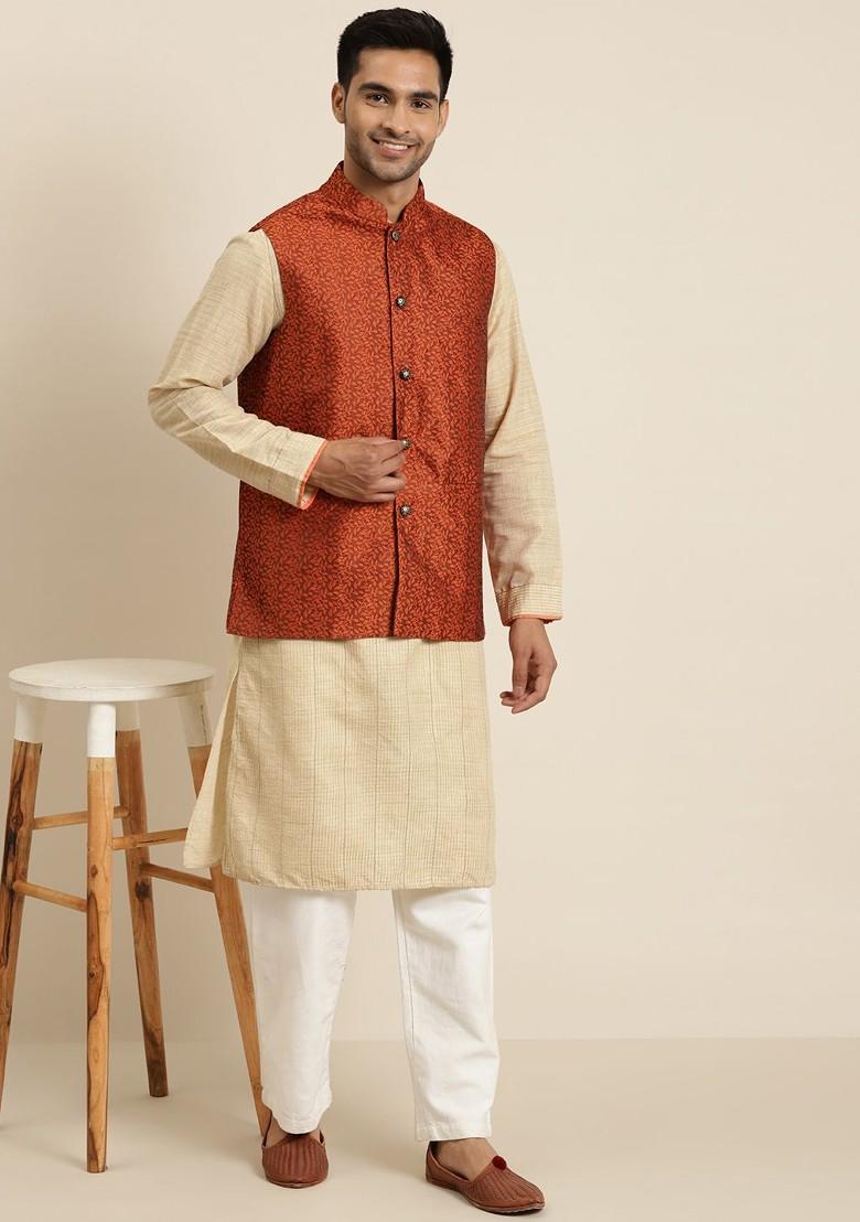 Rust Orange Embroidered Silk Nehru Jackets For Men