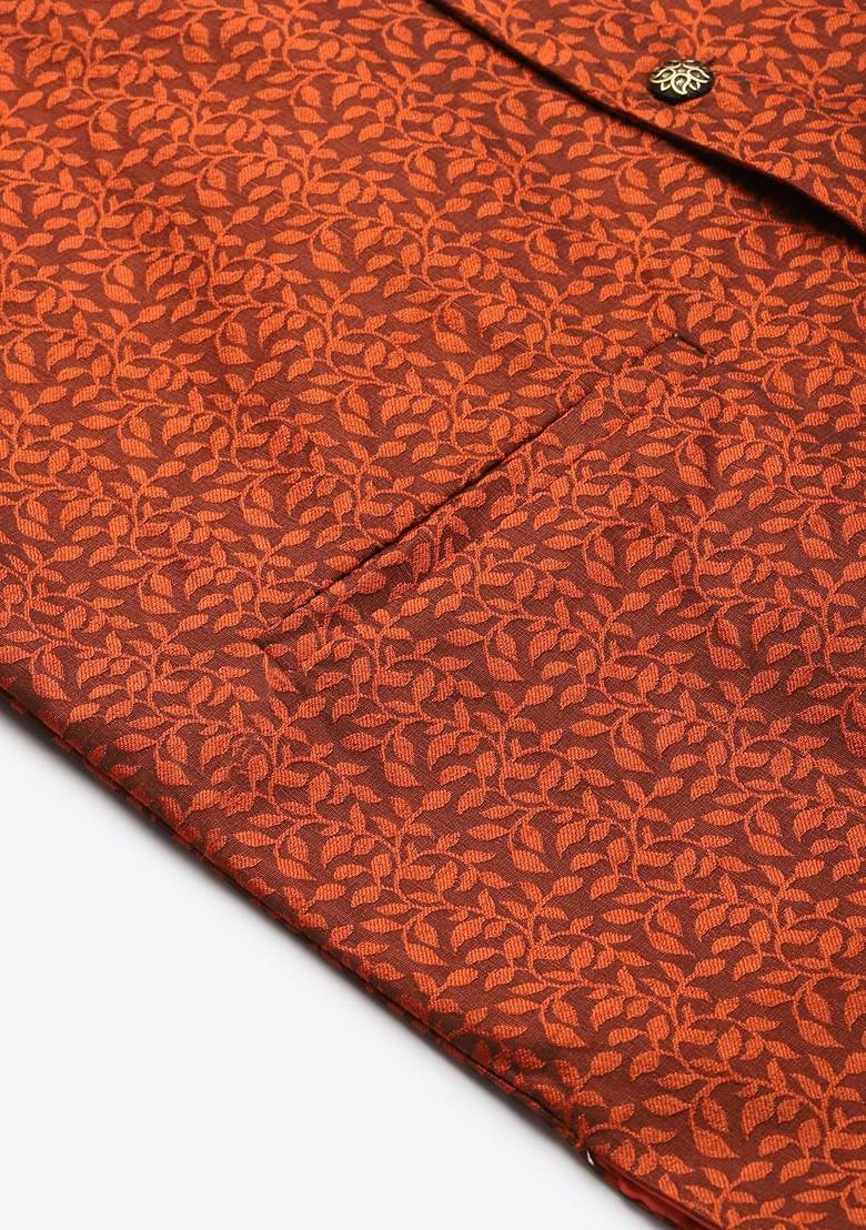 Rust Orange Embroidered Silk Nehru Jackets For Men