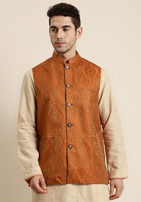 Rust Orange Woven Poly Blend Nehru Jackets For Men