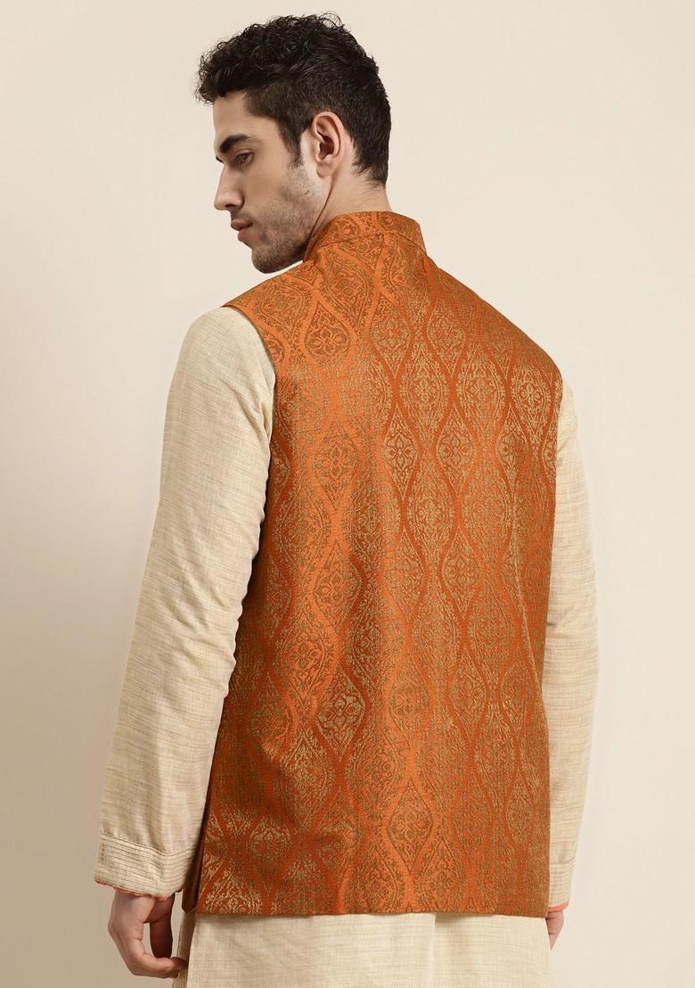 Rust Orange Woven Poly Blend Nehru Jackets For Men