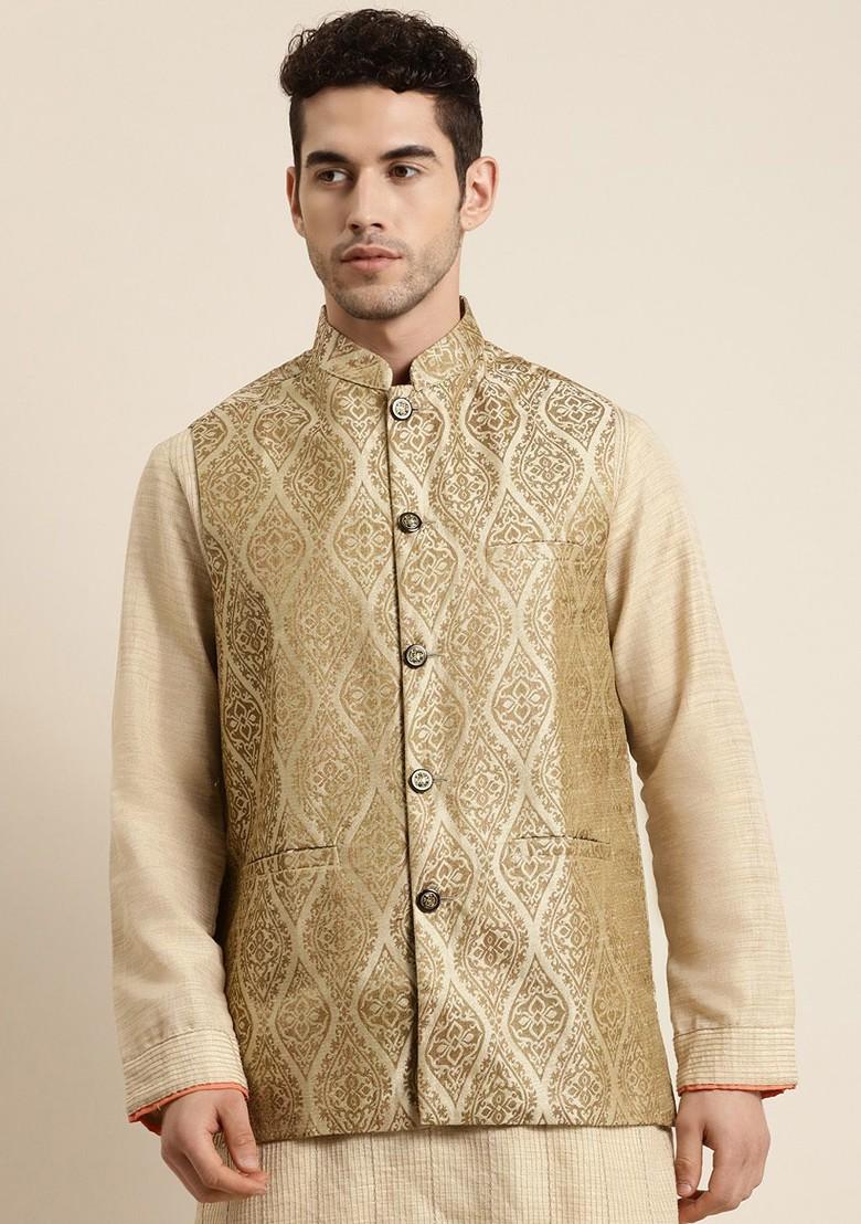 Beige Woven Poly Blend Nehru Jackets For Men