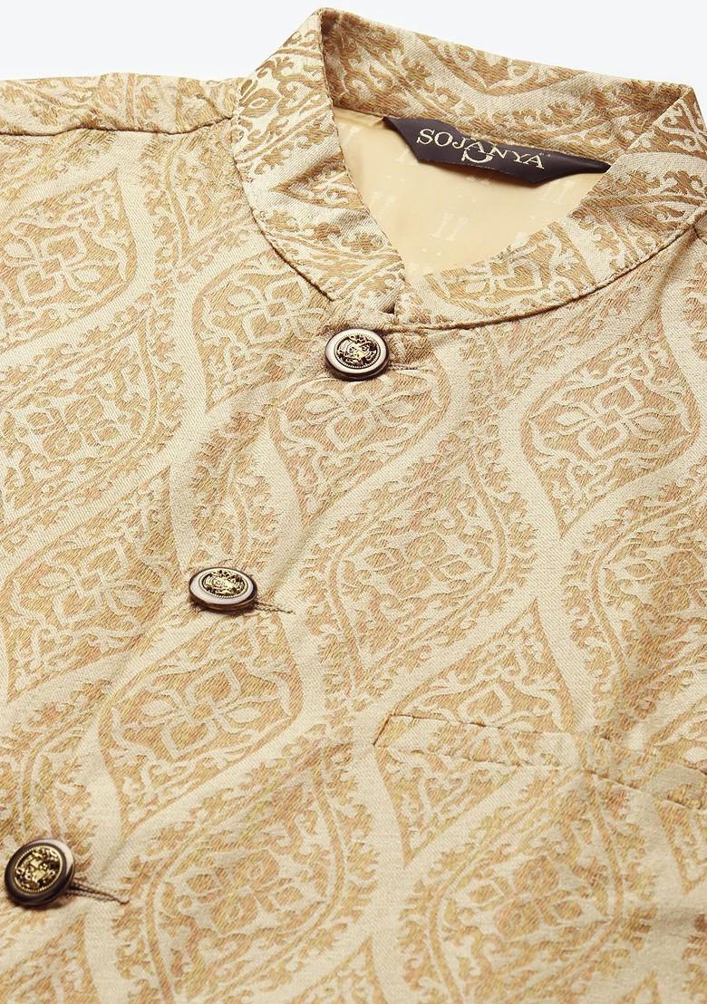 Beige Woven Poly Blend Nehru Jackets For Men