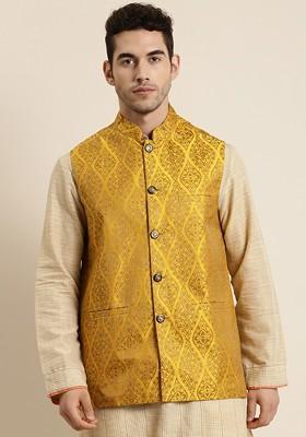 Mustard Woven Poly Blend Nehru Jackets For Men