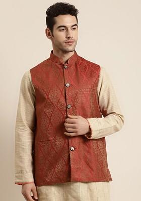 Rust Orange Woven Poly Blend Nehru Jackets For Men