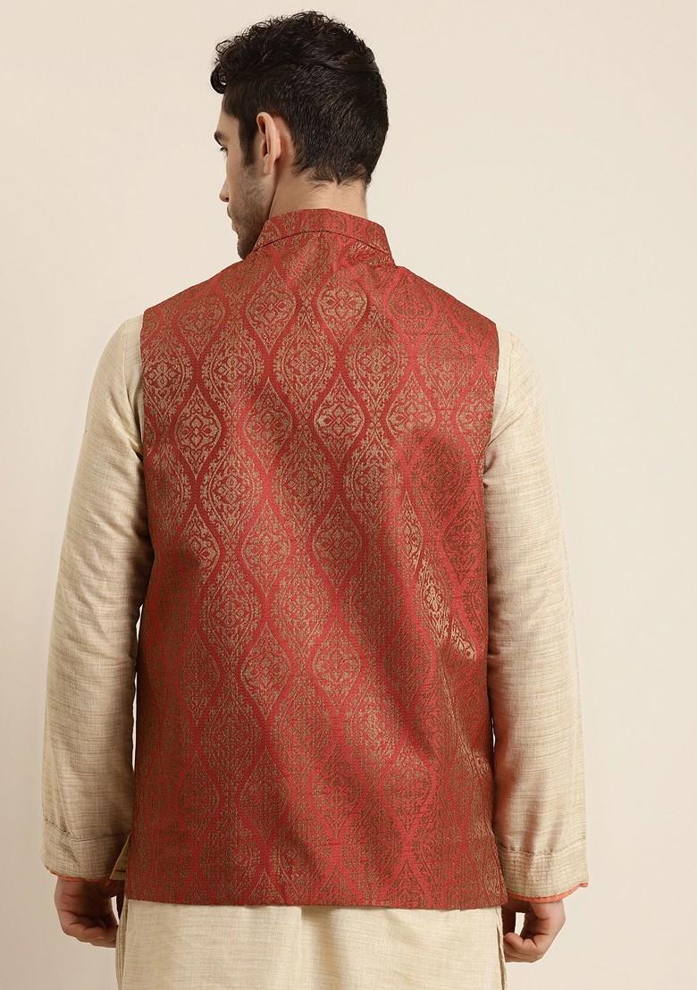 Rust Orange Woven Poly Blend Nehru Jackets For Men