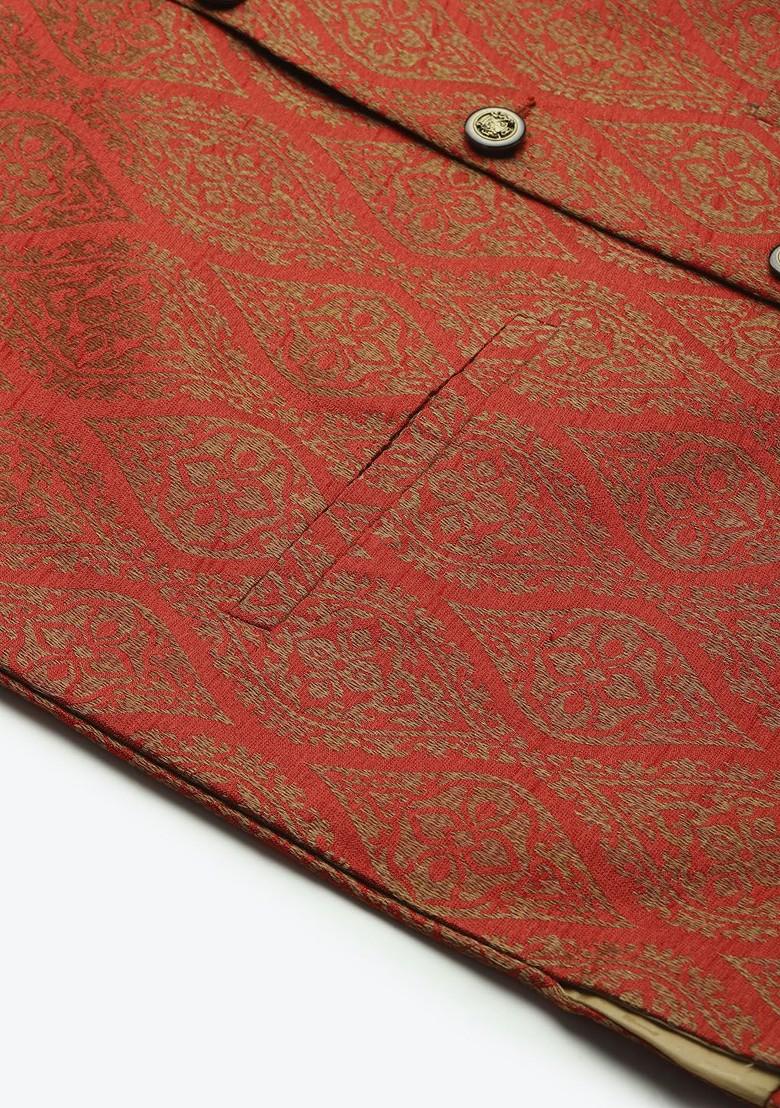Rust Orange Woven Poly Blend Nehru Jackets For Men