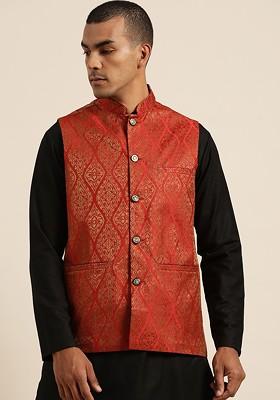 Red Woven Silk Nehru Jackets For Men