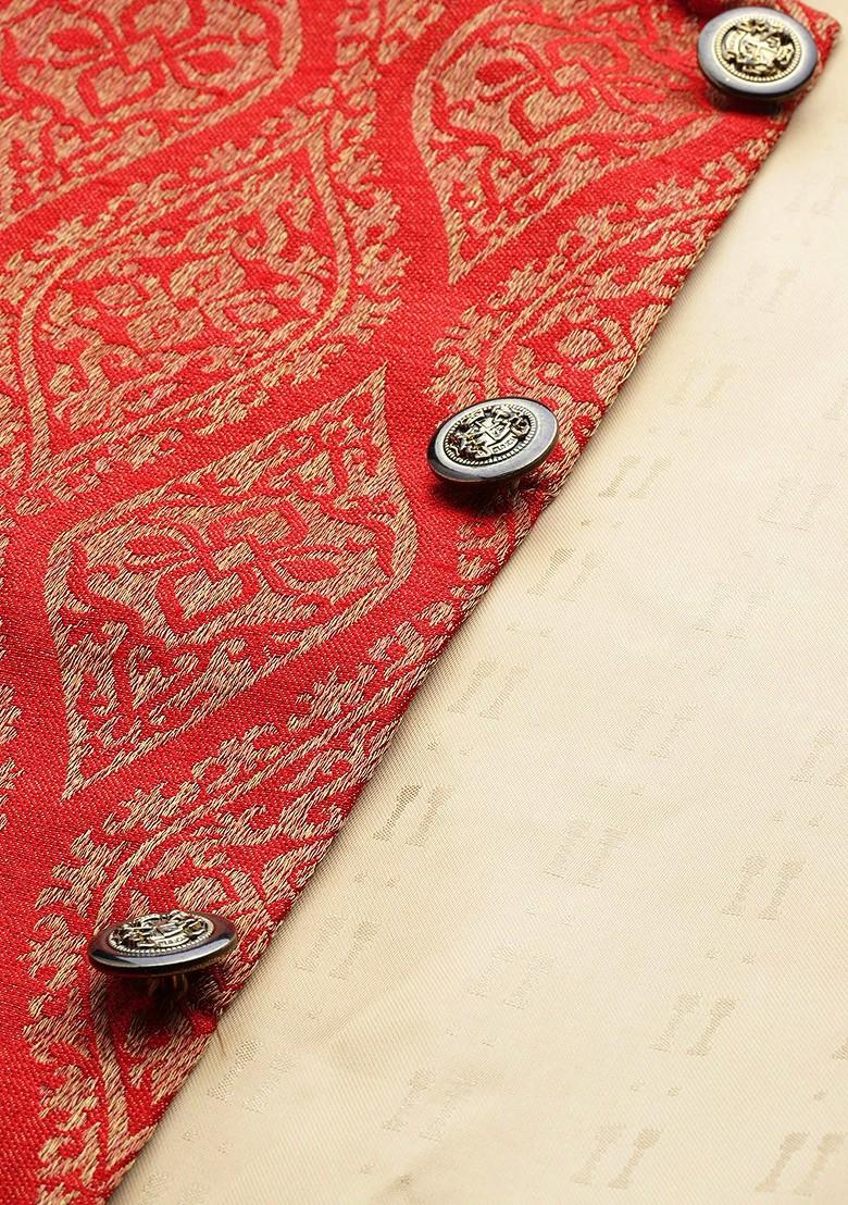 Red Woven Silk Nehru Jackets For Men