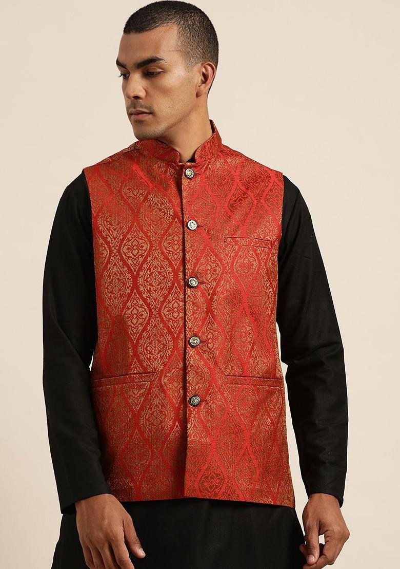 Red Woven Silk Nehru Jackets For Men