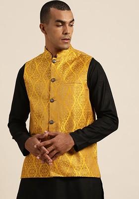 Mustard Woven Silk Nehru Jackets For Men