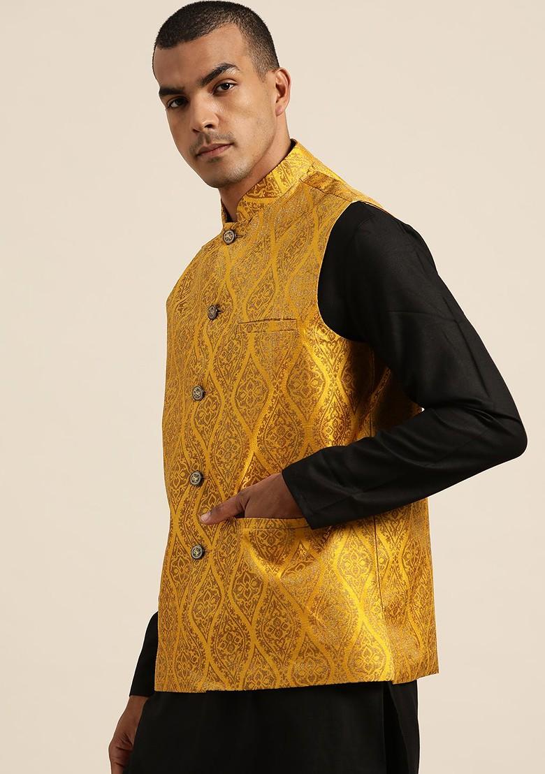 Mustard Woven Silk Nehru Jackets For Men