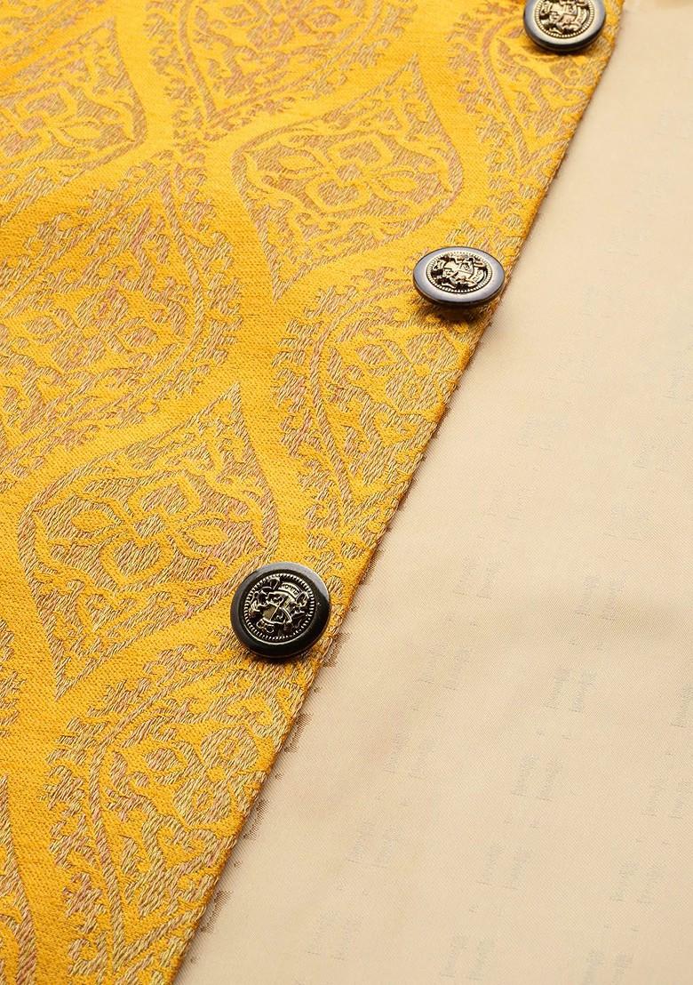 Mustard Woven Silk Nehru Jackets For Men