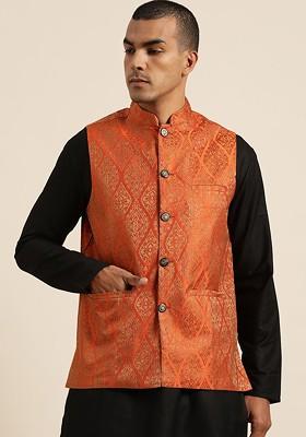 Orange Woven Silk Nehru Jackets For Men