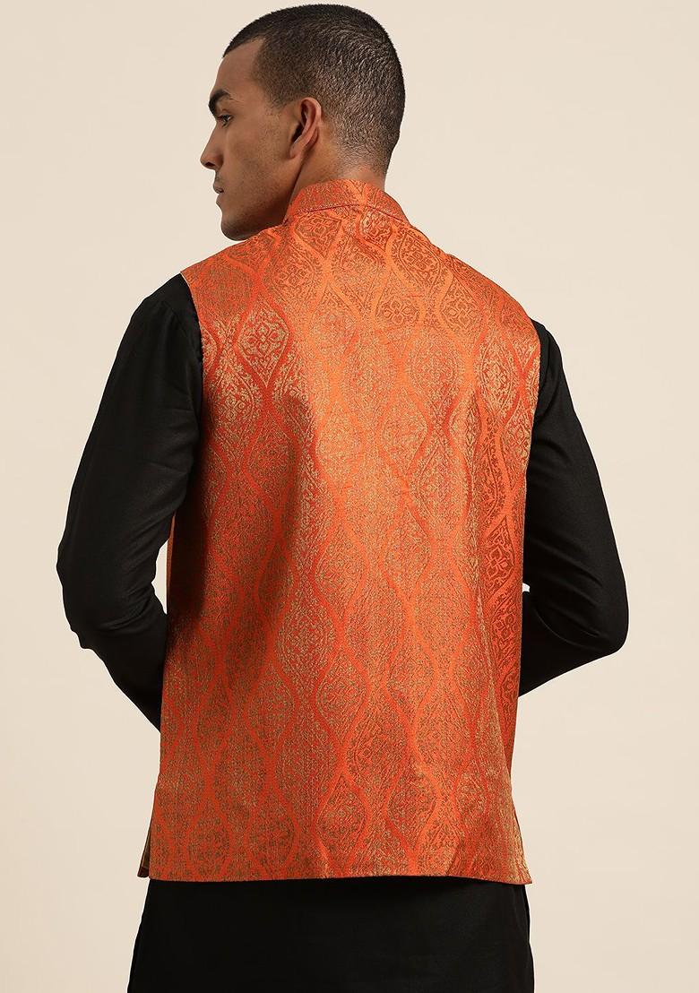 Orange Woven Silk Nehru Jackets For Men