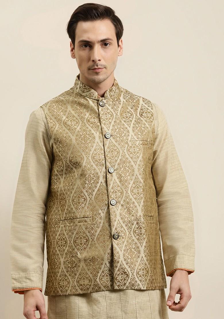 Beige Ethnic Motifs Silk Nehru Jackets For Men