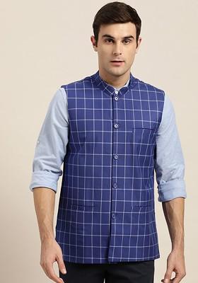 Blue Checked Poly Blend Nehru Jackets For Men