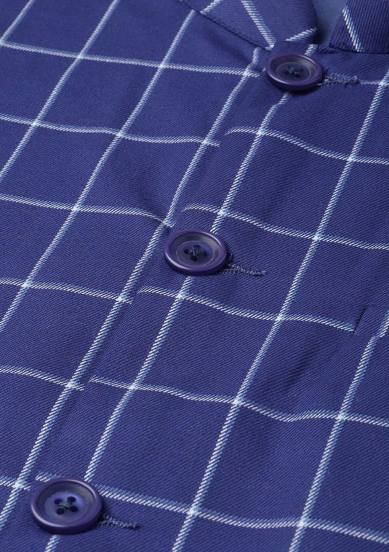 Blue Checked Poly Blend Nehru Jackets For Men