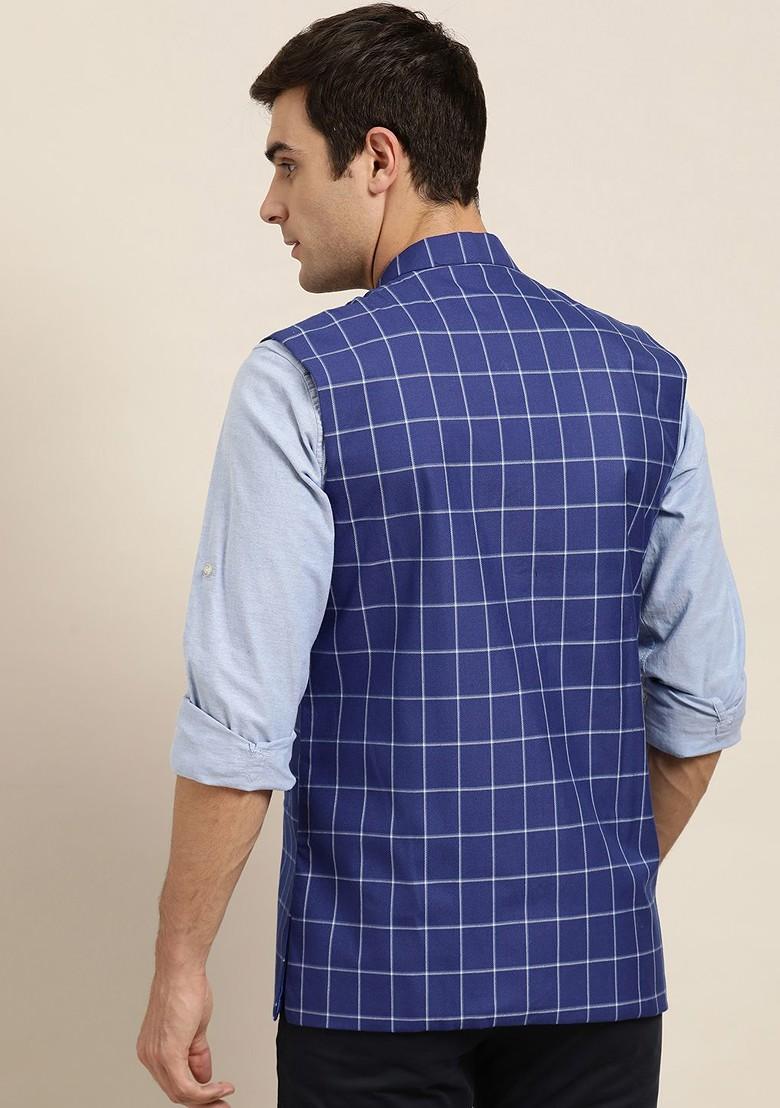 Blue Checked Poly Blend Nehru Jackets For Men