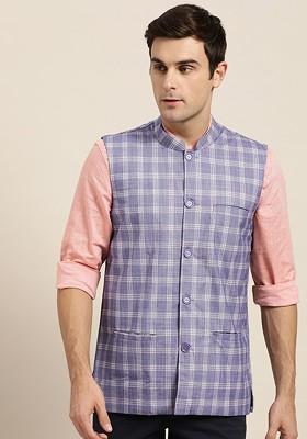 Blue Checked Poly Blend Nehru Jackets For Men