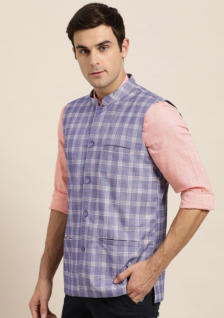 Blue Checked Poly Blend Nehru Jackets For Men